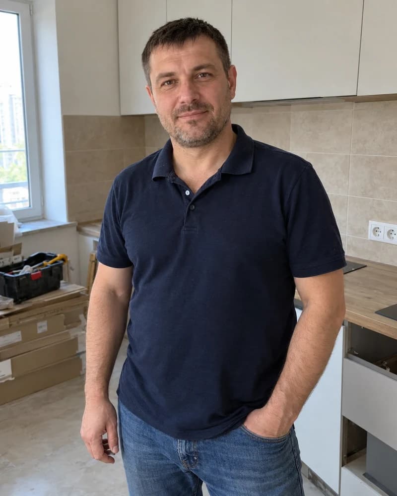Мастер по укладке плитки в тёмно-синем поло